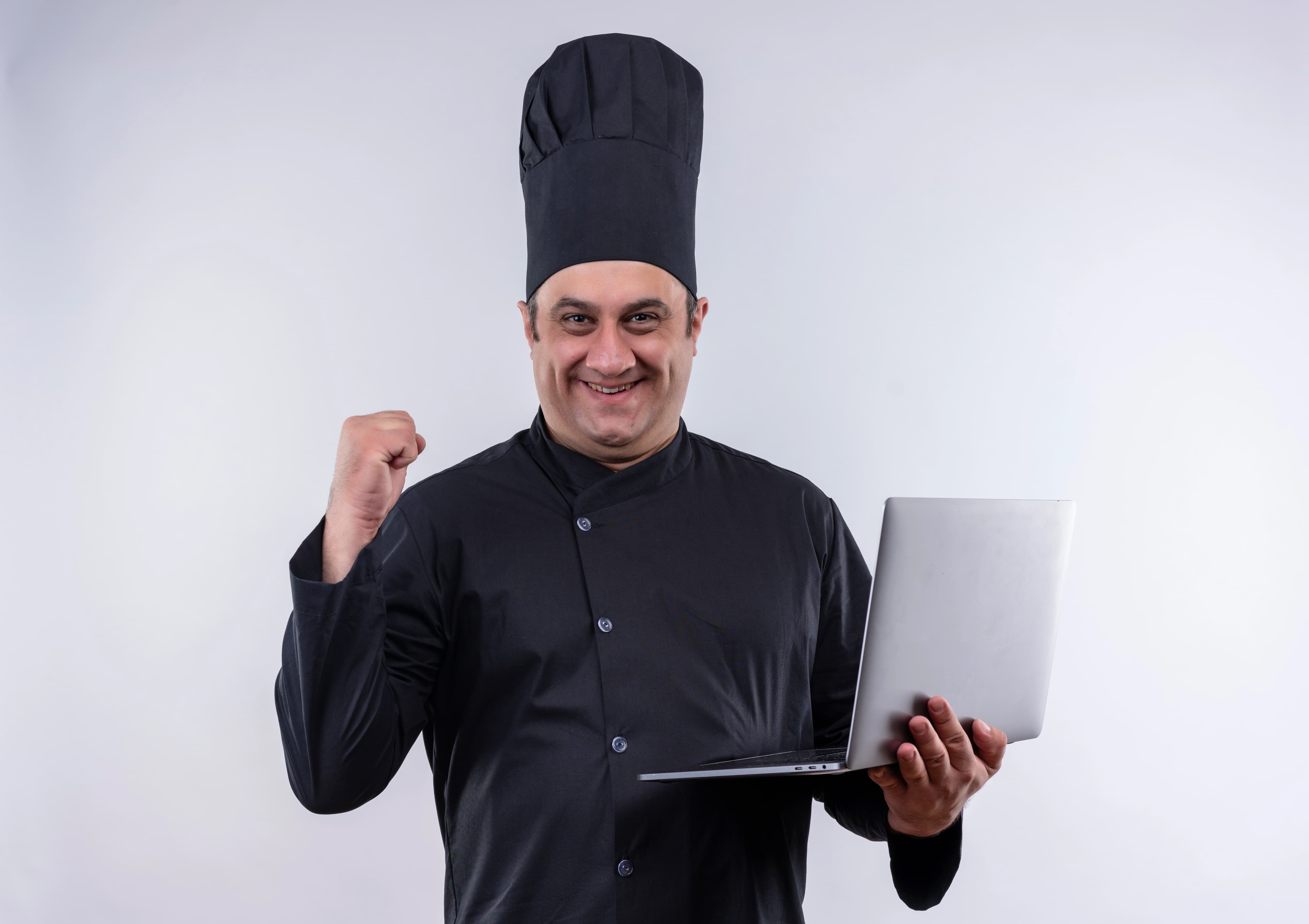 Café owner reviewing Google Ads results on a tablet