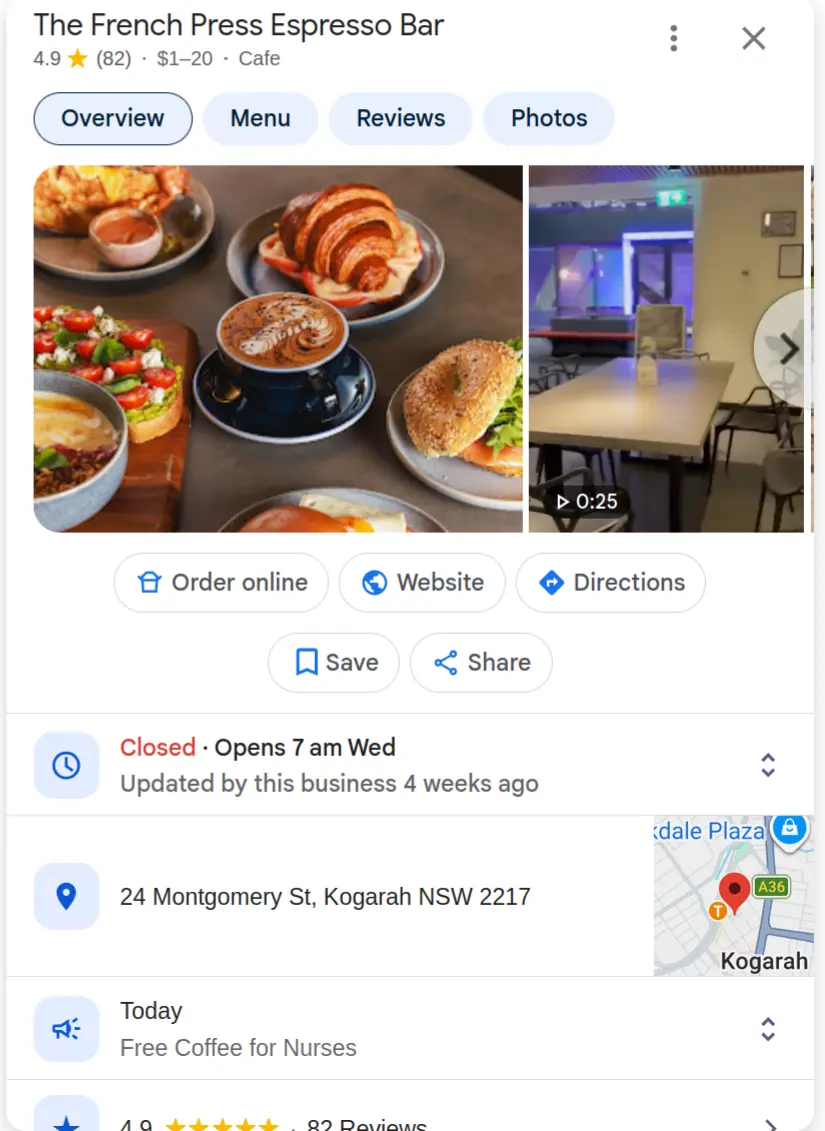 Screenshot of a well-optimised Google Business Profile for a cafe showing photos, menu, and customer reviews