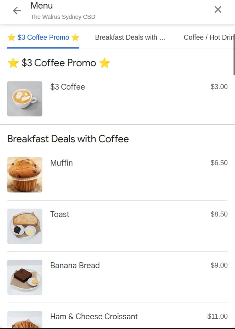 Screenshot of menu display in Google Business Profile showing clear food offerings