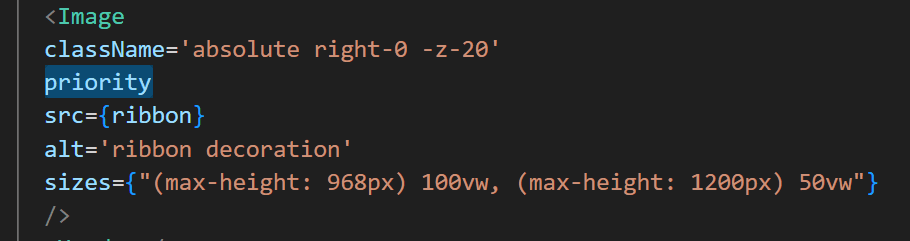 Code example showing priority attribute for Next.js Image component